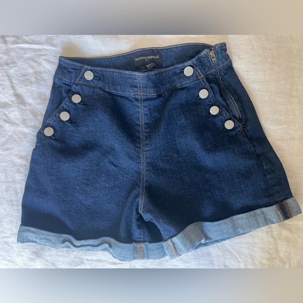 Dark Blue Denim Shorts with Button Accents